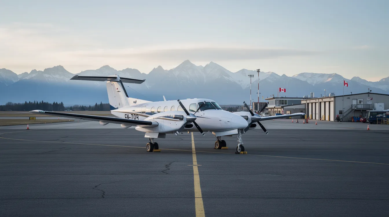 A small twin-engine aircraft is parked on the tarmac of a regional airport in British Columbia, with stunning snow-capped mountains visible in the background, highlighting the beauty of western Canada. This scene captures the essence of aviation in the North Cariboo region, emphasizing the connection between flight and the breathtaking landscapes of the area.