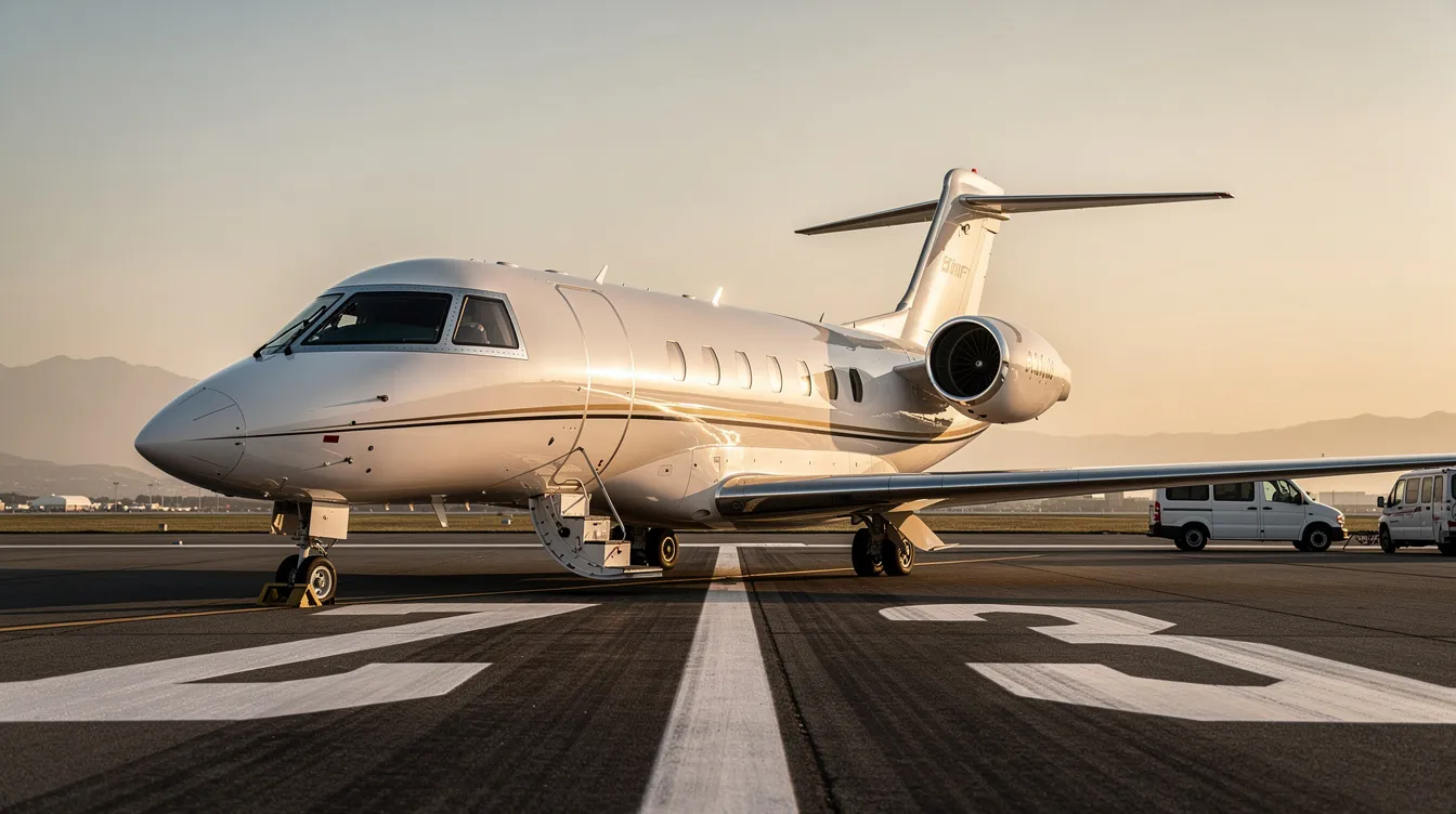 The image showcases a luxurious private jet at an airport, highlighting the elegance and comfort of private flight options. It emphasizes the convenience of the Catch a Jet app, which allows passengers to search for empty leg flights and book their journey with ease, providing access to unlimited flight details and flexible options for desired city pairs.
