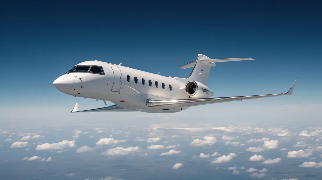 A sleek midsize private jet soars through a clear blue sky, with scattered clouds visible below, showcasing the elegance of private air travel. The image captures the essence of luxury and freedom, ideal for those considering a subscription to a private aviation company.