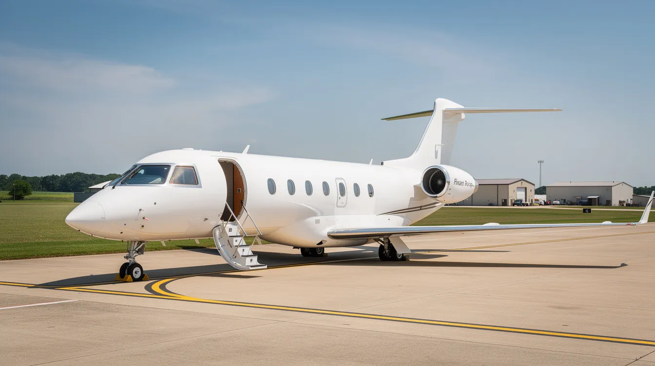 A private business jet is parked on the tarmac of a small regional airport, surrounded by lush green grass and set against a clear blue sky. The scene conveys a sense of tranquility and exclusivity, perfect for a company looking to travel in style.