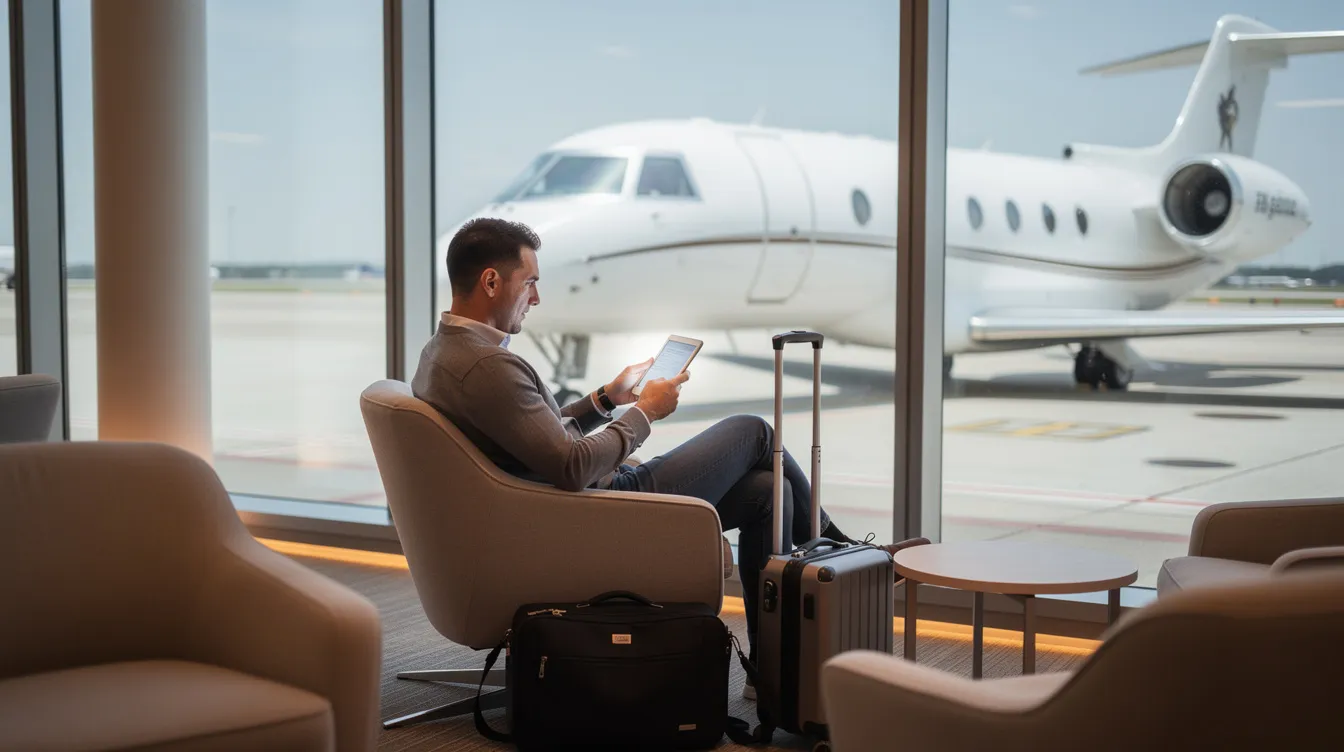 A person is seated in an airport lounge, using a tablet device to manage their company account or subscription, while a private jet is visible through the window nearby. The scene captures a modern travel experience, highlighting the blend of technology and luxury.