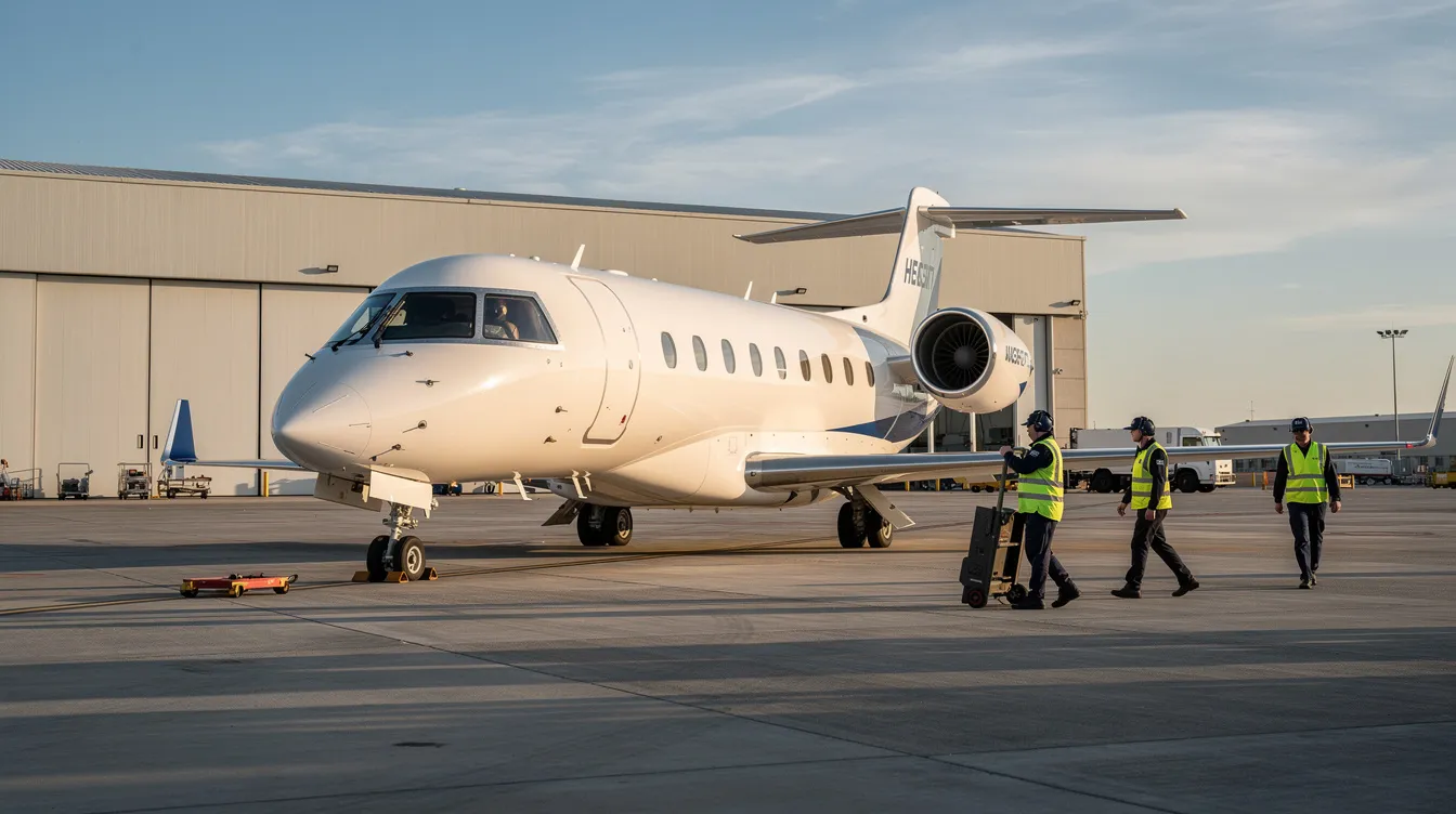 A sleek white business jet is parked next to a large hangar facility, with ground crew members walking nearby, engaged in their tasks. The scene is set in a busy aviation environment, highlighting the operational aspects of a company today.