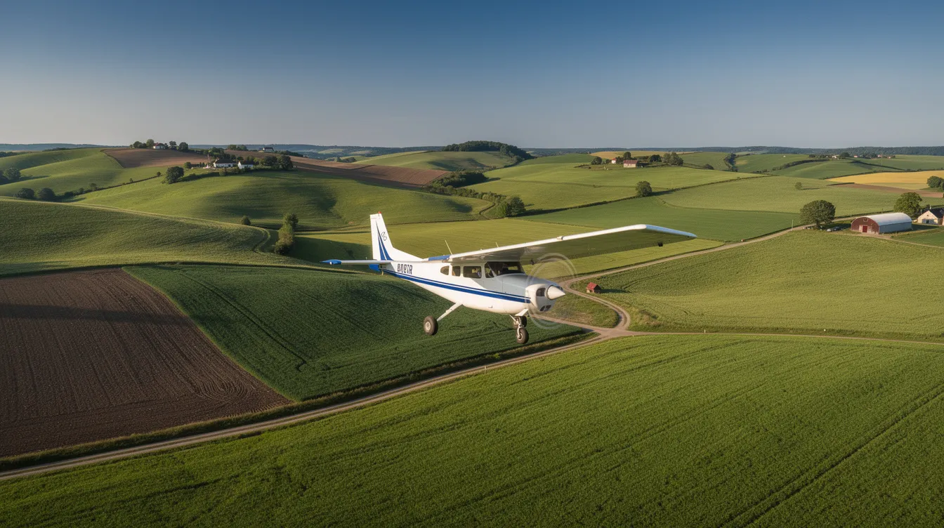A small propeller airplane soars gracefully over lush green rolling farmland beneath a clear blue sky, symbolizing the freedom and adventure of flight training at Sundance Flight Academy. This picturesque scene captures the essence of aviation, inspiring aspiring pilots to embark on their journey towards obtaining their private pilot certificate.