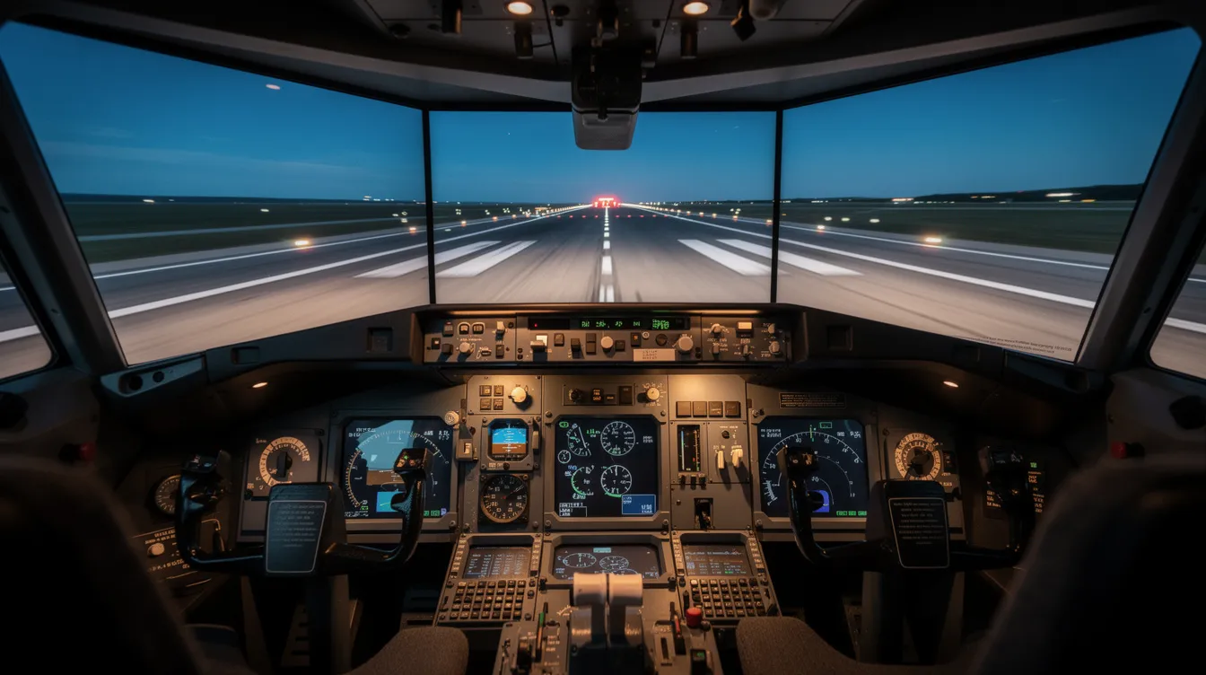 The image features a close-up view of a flight simulator cockpit, showcasing wrap-around screens that display a realistic runway approach scene, ideal for flight training. This setup is essential for students pursuing their private pilot certificate or commercial pilot certificate at a flight academy like Sundance Flight Academy.