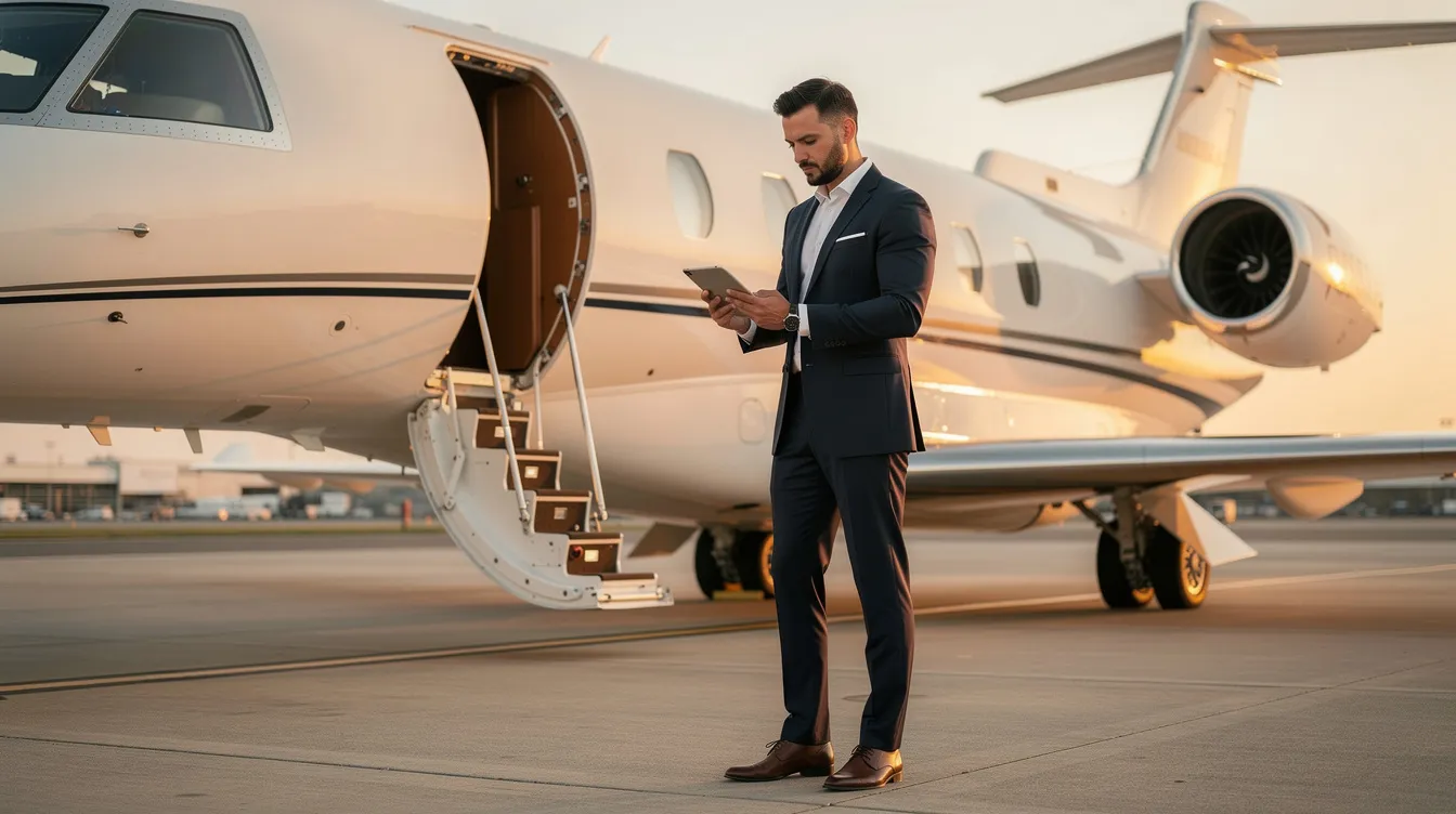 A business professional is standing near a Gulfstream G550 private jet on a runway, reviewing information on a tablet screen. The aircraft's sleek tail is visible in the background, emphasizing a luxurious travel experience for future passengers.
