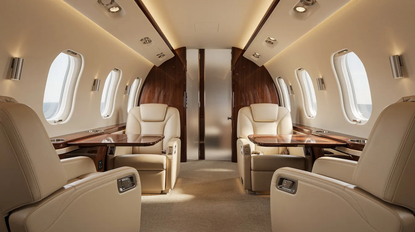 The image depicts the interior of a luxurious private jet cabin, featuring cream leather club seats and elegant wooden accents, designed for comfort and sophistication for passengers traveling in style. The spacious layout emphasizes the high-end ownership experience typical of a Gulfstream G550 aircraft.
