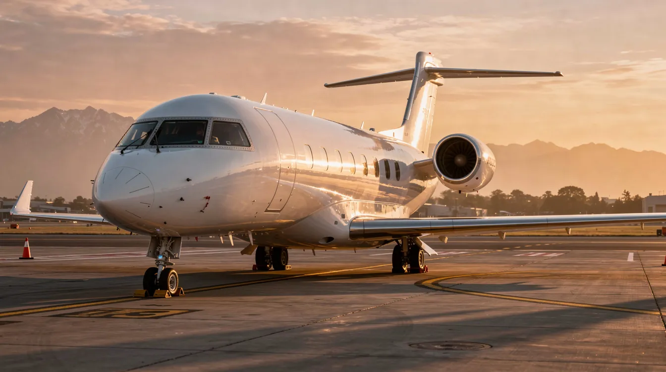 A large white Gulfstream G550 private jet is parked on a tarmac at sunset, with a stunning backdrop of mountains. The warm hues of the sunset reflect off the aircraft, creating a serene atmosphere for passengers preparing to board.