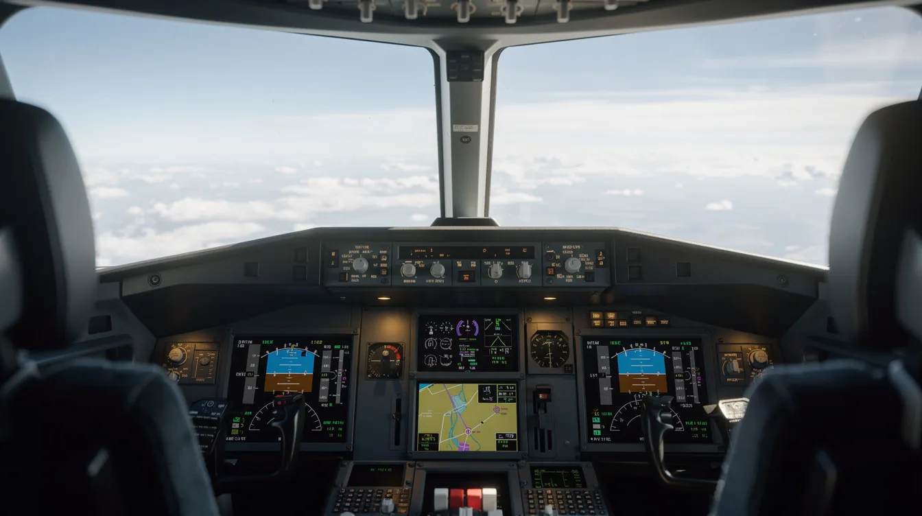 The image shows a cockpit view through the windshield of a private jet, revealing a clear blue sky ahead, while a navigation display panel is visible, providing essential flight details for a smooth trip.