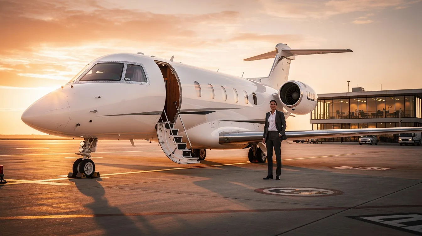 A person stands beside a sleek private jet on the tarmac at sunset, with a small executive airport terminal visible in the background. The scene captures the essence of luxury travel, perfect for planning your next trip with all the details you need for a seamless service experience.