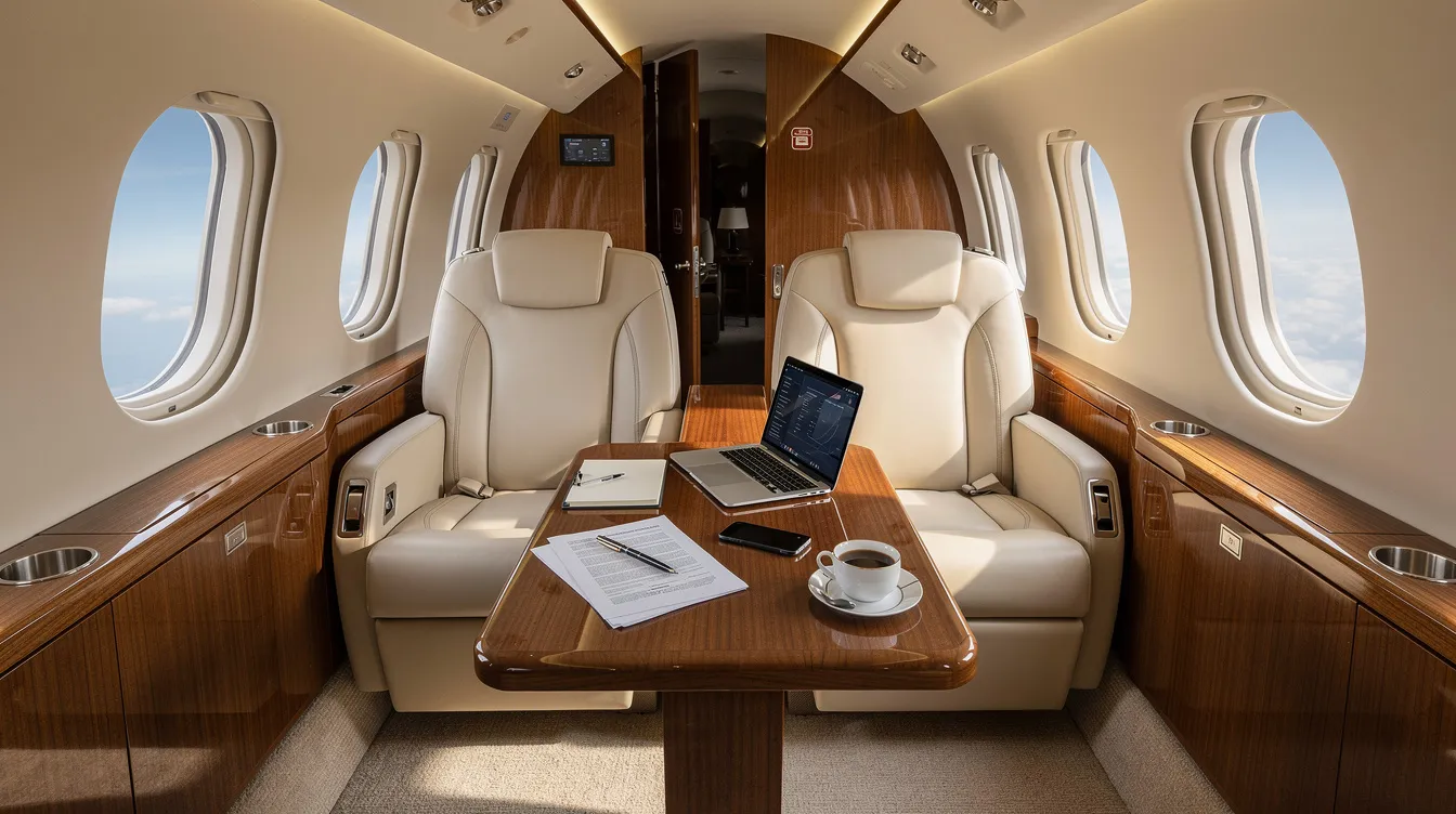 The image shows the interior of a midsize private jet cabin featuring plush leather seats and a small table neatly set up for a working flight, illustrating the luxurious service and comfort typical of private jet travel. The details highlight an inviting atmosphere for a productive trip.