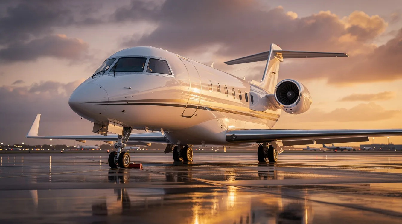 The image showcases a sleek private jet parked on the tarmac, with the backdrop of the scenic Utah landscape, highlighting the expertise of Keystone Aviation in Provo. The jet's polished exterior reflects the sun, emphasizing luxury and exclusivity in private jet aviation.