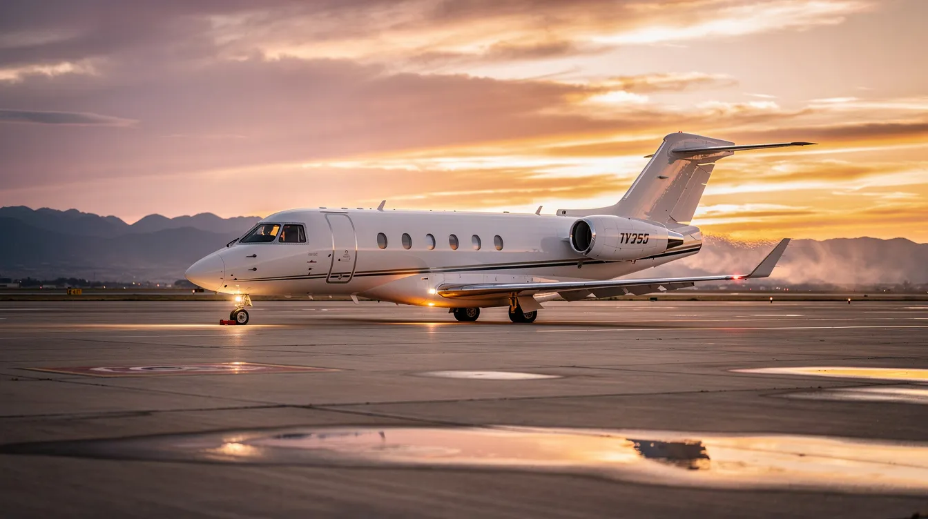 A small private jet is taxiing on a runway at sunset, with majestic mountains silhouetted in the background. This scene captures the essence of aircraft ownership and the beauty of flying, reminding pilots and aircraft owners of the importance of proper aviation insurance for their high-performance aircraft.