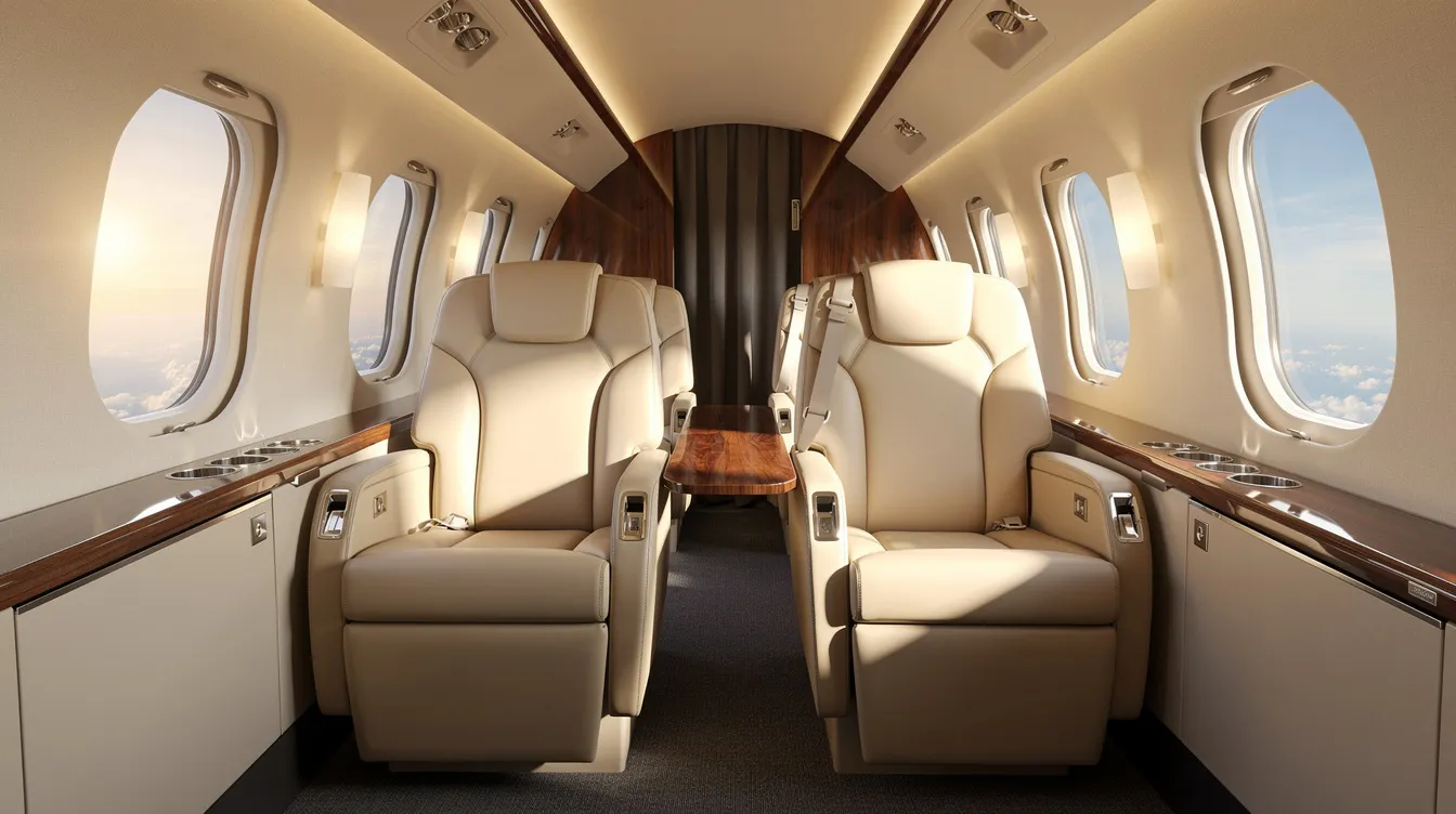 The image shows the interior of a Bombardier Learjet 45 cabin, featuring comfortable leather club seats arranged in a double club configuration facing each other, with a large window providing a view outside. The flat floor cabin includes fold-out tables and a refreshment center, designed to accommodate up to eight passengers in a luxurious and spacious environment.