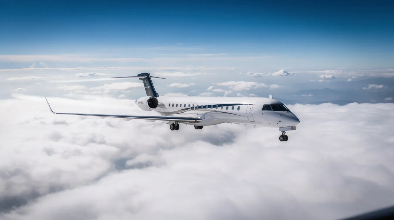 A Bombardier Learjet 45 flies gracefully at high altitude above a layer of fluffy white clouds, set against a clear blue sky. This business jet is designed for optimal performance and comfort, accommodating up to eight passengers with its flat floor cabin and comfortable seats.