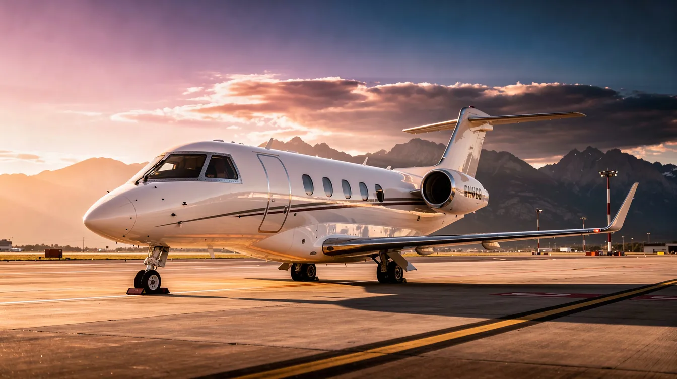 A small private jet is parked on a tarmac at sunset, with a scenic backdrop of mountains. The warm hues of the sky create a serene atmosphere, perfect for travelers looking to book holidays and find flights at competitive prices.