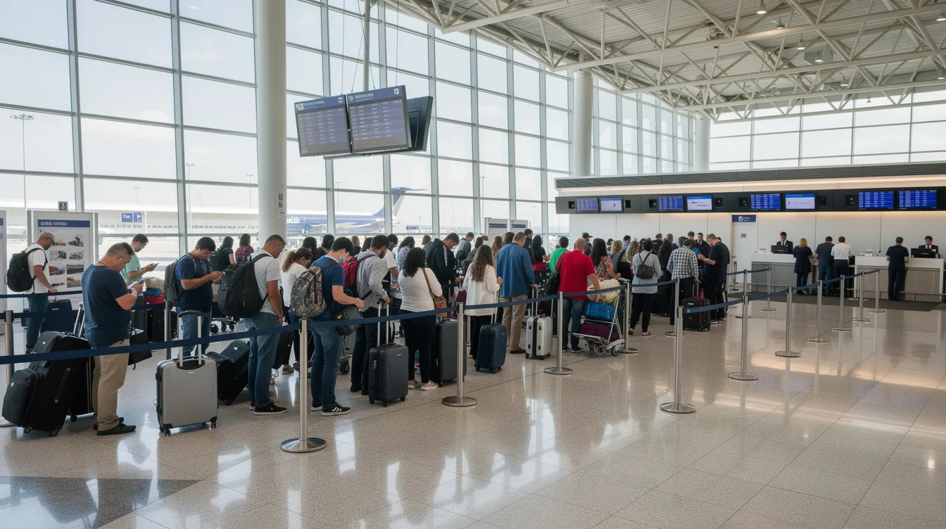 The image depicts a crowded airport terminal filled with travelers waiting in long check-in lines, highlighting the hustle and bustle of air travel as people prepare to book flights and confirm their reservations. The scene captures the anticipation and occasional frustration of navigating through busy terminals, where securing cheap tickets and avoiding hidden fees are on many travelers' minds.