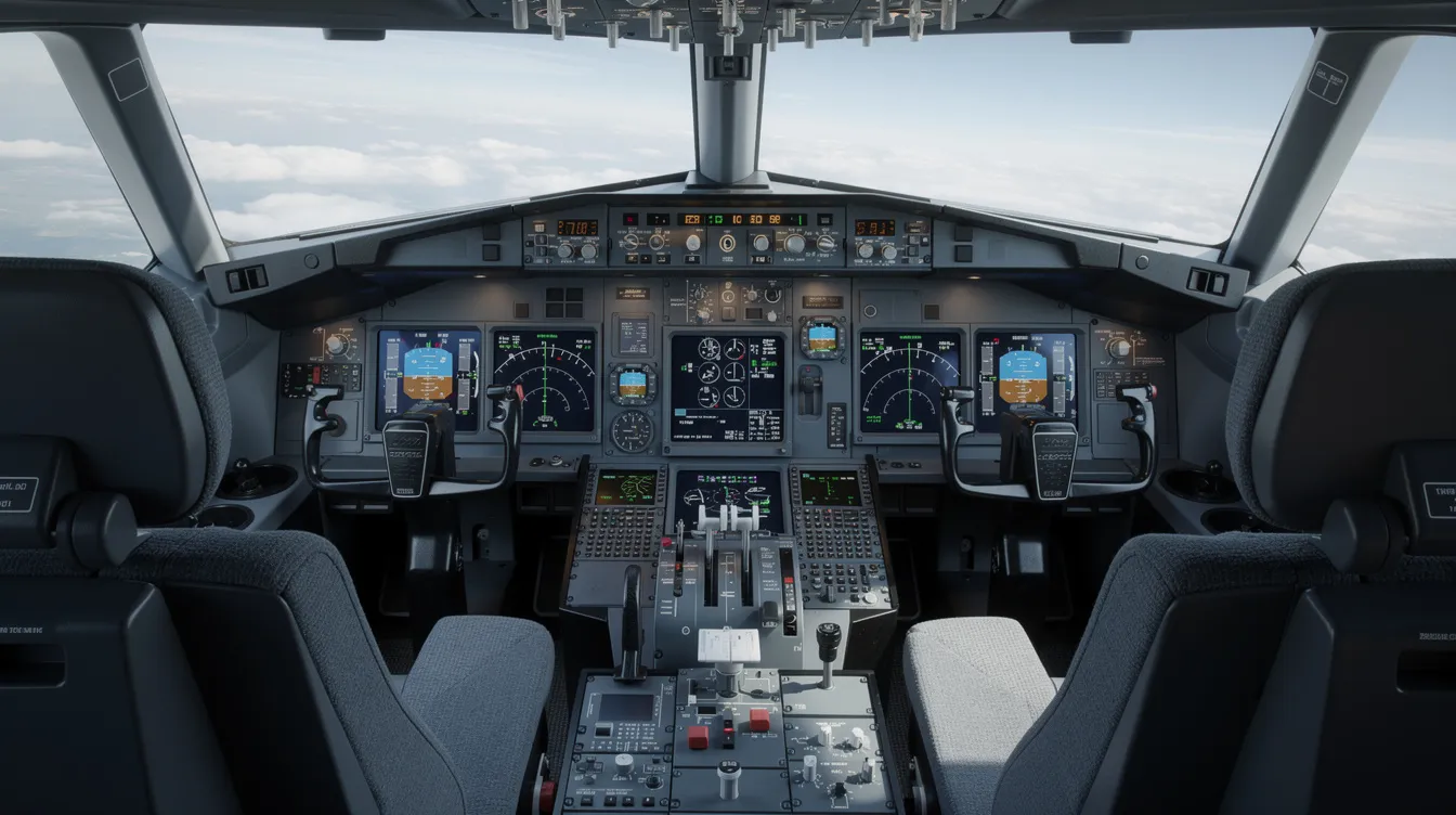 The image depicts the cockpit of a modern commercial aircraft, showcasing advanced avionics and digital displays that assist pilots in ensuring a safe flight. This cockpit design reflects the high safety standards and impressive safety record of the world's safest aircraft, enhancing operational efficiency and pilot training in the aviation industry.