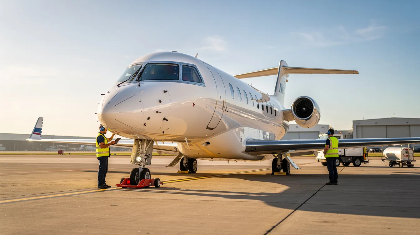 A sleek modern private jet is parked on a tarmac, surrounded by ground crew members attending to its needs. This aircraft represents the advancements in aviation safety and design, showcasing the industry's commitment to maintaining a perfect safety record.