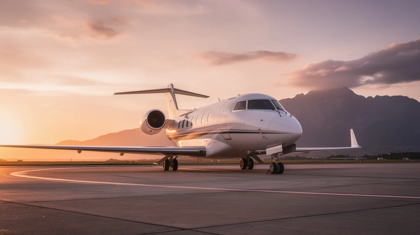 A sleek private jet is parked on a tarmac at sunset, with majestic mountains silhouetted in the background. This luxurious scene evokes the allure of upscale travel experiences, perfect for those considering Costco travel vacation packages to stunning destinations.