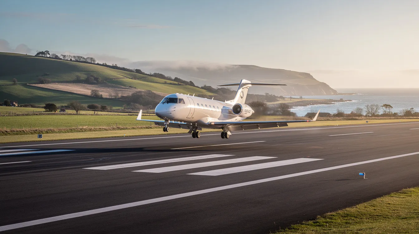 A small private jet is landing on a runway surrounded by lush green hills, with a picturesque coastline visible in the background, offering scenic views of the landscape. This image captures the essence of travel, highlighting the allure of flying to beautiful European destinations.