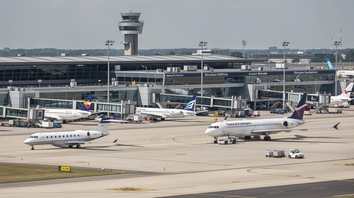 The image shows a variety of commercial and private aircraft parked at a large European airport, with terminal buildings visible in the background, highlighting the bustling atmosphere of travel. This scene reflects the availability of flights to popular European destinations, making it easier for travelers to find cheap flights and great deals for their next adventure.