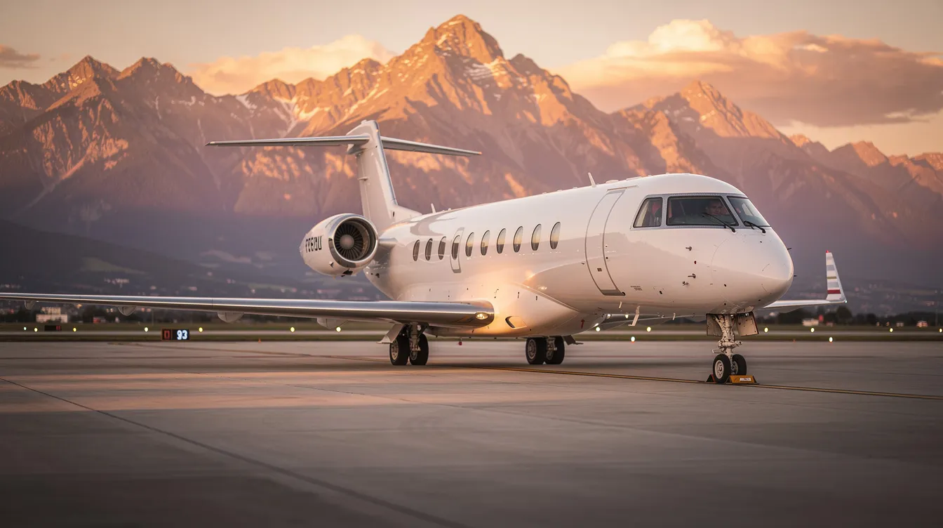 A private jet is parked on a tarmac at sunset, with a stunning backdrop of mountains silhouetted against the colorful sky. This scene evokes a sense of luxury travel, ideal for travelers seeking the best deals on flights and vacation packages.
