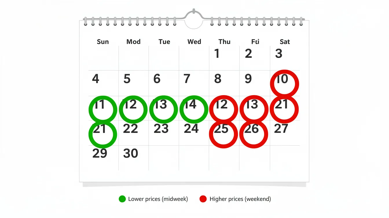 The image shows a calendar with certain midweek days circled in green and weekend days in red, highlighting the price differences for flight prices. This visual representation helps travelers identify the cheapest days to book flights and save money on their travel plans.