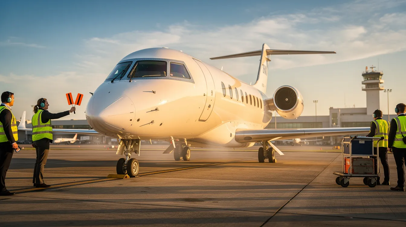 A sleek private jet is parked on a sunlit tarmac, with ground crew members nearby preparing for departure. This luxurious aircraft represents the allure of affordable flights and the convenience of booking international flights for travelers seeking the best deals.