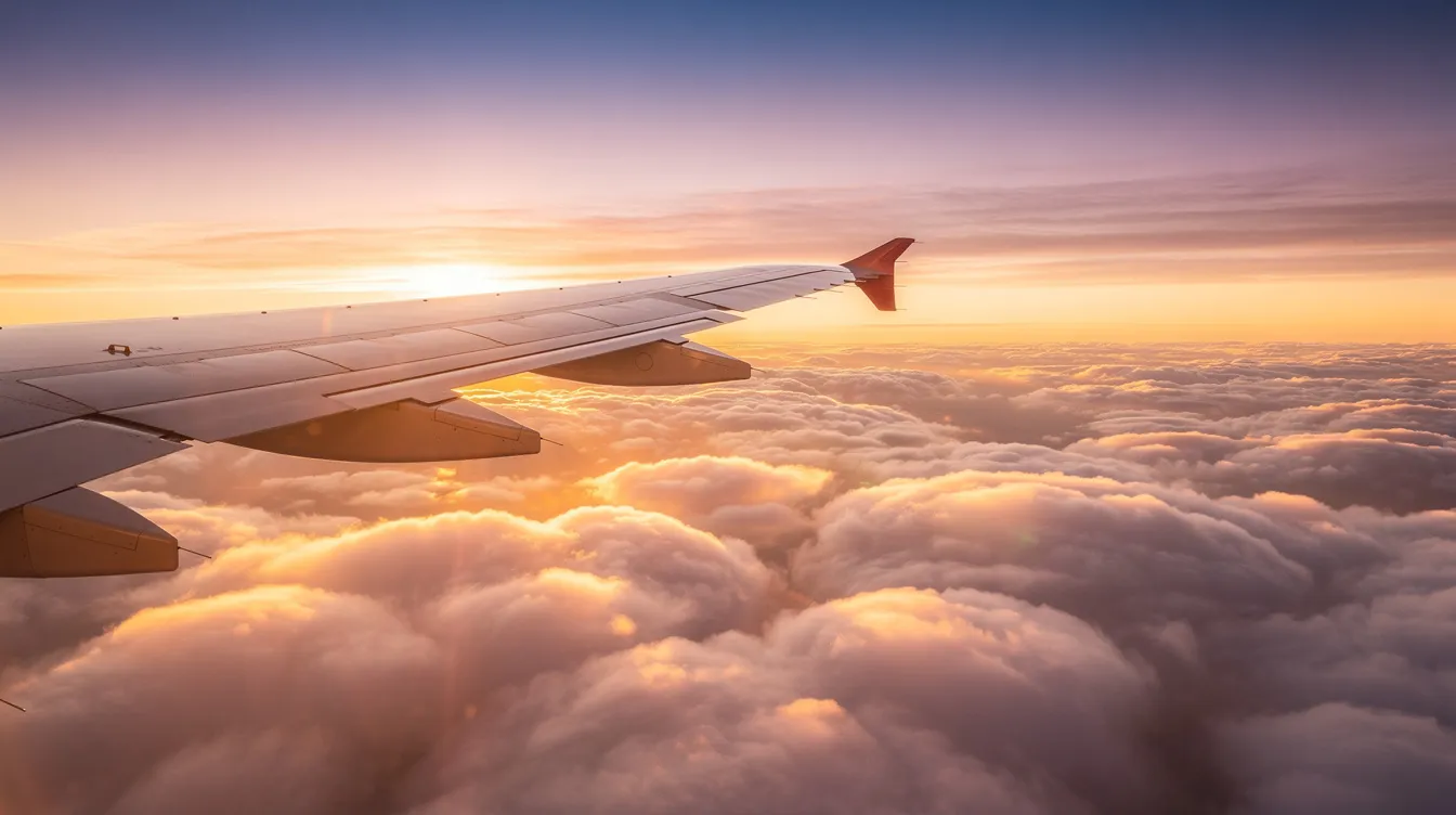 An airplane wing extends over a sea of thick clouds, illuminated by a warm golden light from the sunset, creating a serene atmosphere for travelers on their journey to destinations like London Heathrow or Gatwick. The scene captures the essence of flying, evoking a sense of adventure and exploration.