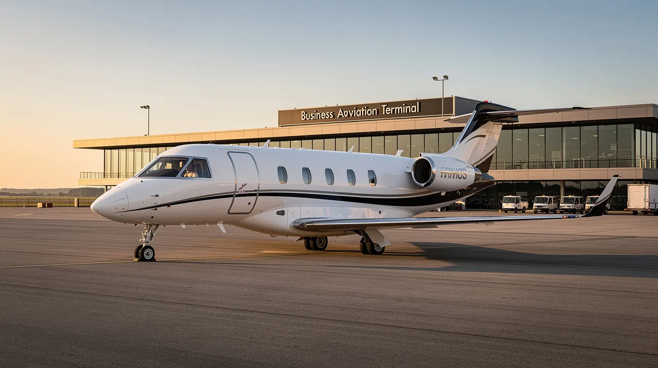 A small private jet is parked on a quiet runway at a business aviation terminal, surrounded by open space, indicating a serene atmosphere for travelers preparing for their next trip to London or other destinations. The scene captures the essence of private air travel, highlighting the convenience and exclusivity of flying from airports like London Heathrow or London City.