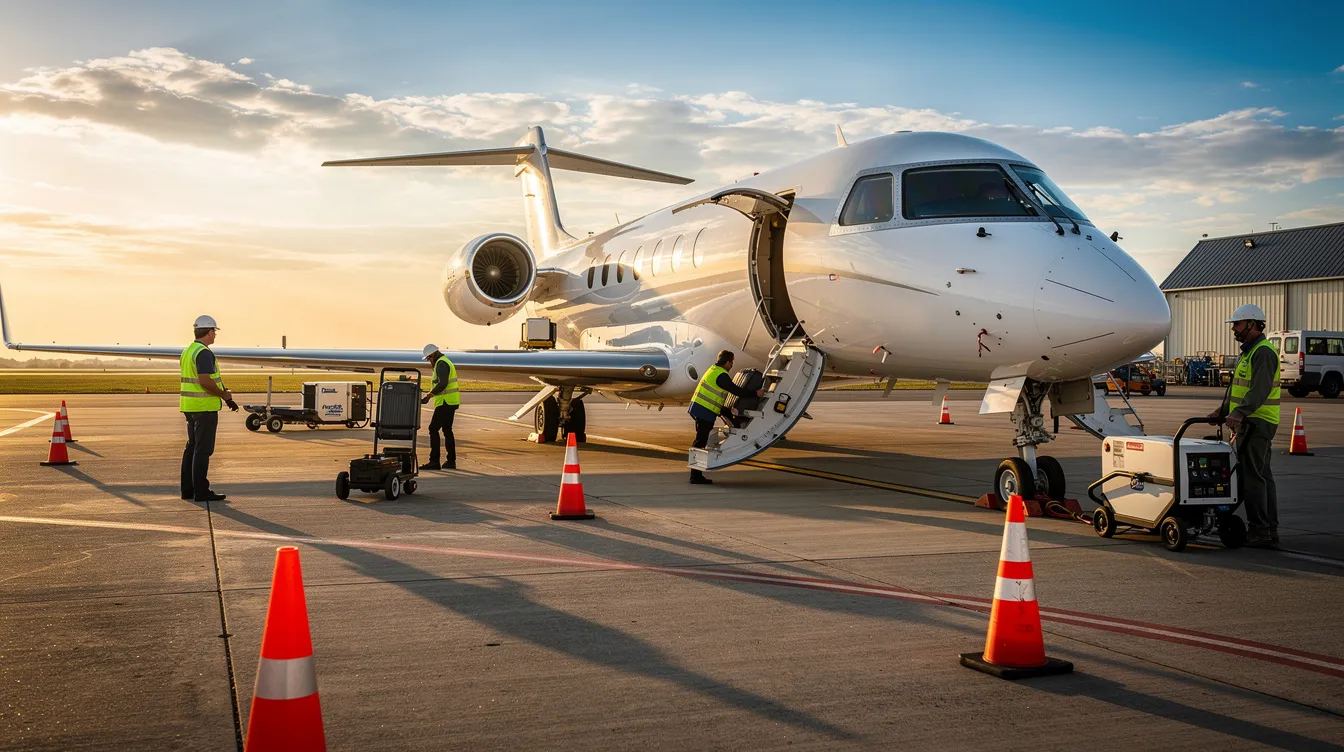A sleek private jet is parked on a sunlit tarmac, where ground crew members are diligently preparing for departure, showcasing the luxury travel experience. This scene highlights the meticulous arrangements made by travel agents to ensure a smooth flight for their clients.
