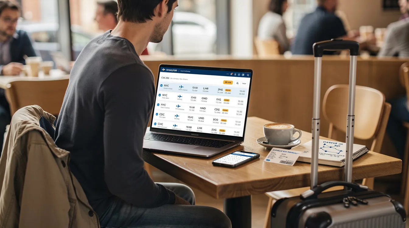 A traveler is seated at a cafe table, intently reviewing a multi-city flight itinerary on their laptop, surrounded by coffee cups and a vibrant atmosphere. The scene captures the essence of planning trips, showcasing the travel industry’s complexity as they navigate airline tickets and accommodations for their upcoming adventure.