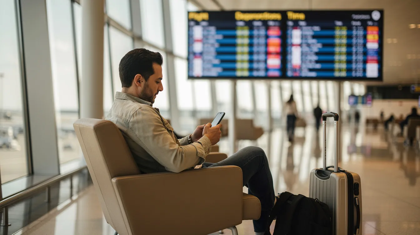 A traveler is seated in an airport lounge, focused on their smartphone while a departure board displaying flight information is visible in the background, hinting at their upcoming travel plans. The scene captures the anticipation of flying to various destinations, possibly looking for deals on flights for their next trip.