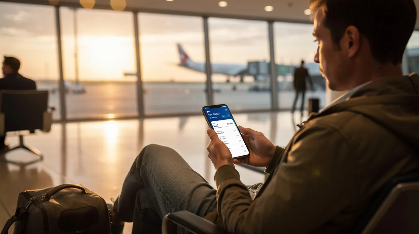 A person is seated in an airport lounge, intently looking at their smartphone, which displays flight information. This scene captures the moment of checking for cheap flights and tracking flight prices as they prepare for their upcoming trip.