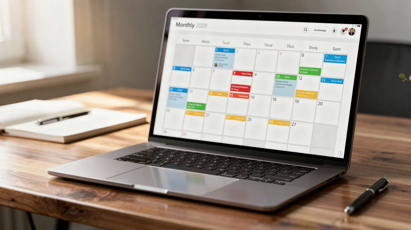 The image shows a laptop screen displaying a colorful calendar with various dates highlighted, placed on a wooden desk. This setup could be used for planning trips and tracking flight prices to find cheap flights for upcoming domestic or international travel.