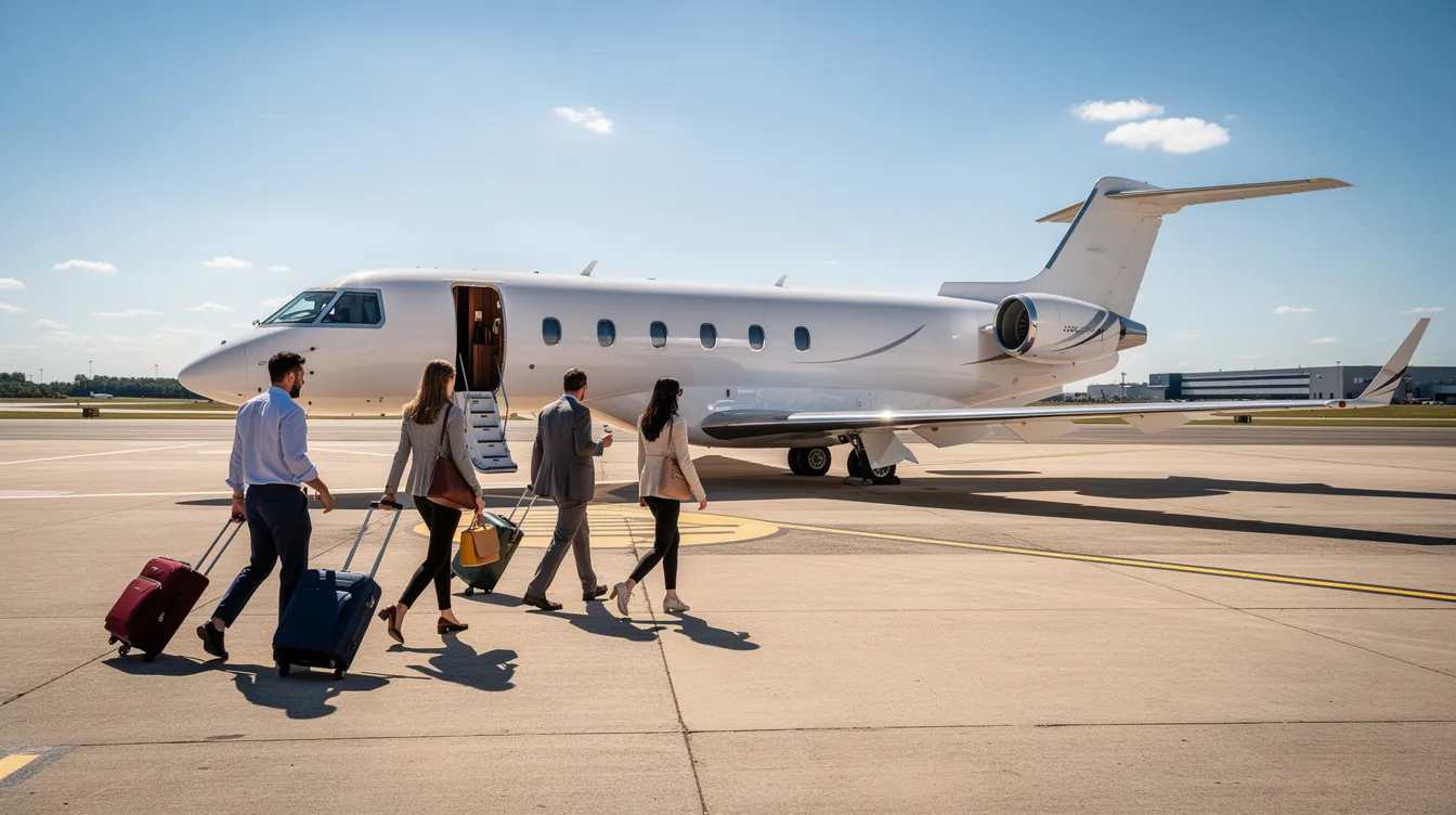 A group of passengers is walking towards a sleek midsize private jet under a clear blue sky, ready for their flight. The scene captures the essence of luxury travel, where ticket prices may vary significantly based on demand and booking options.