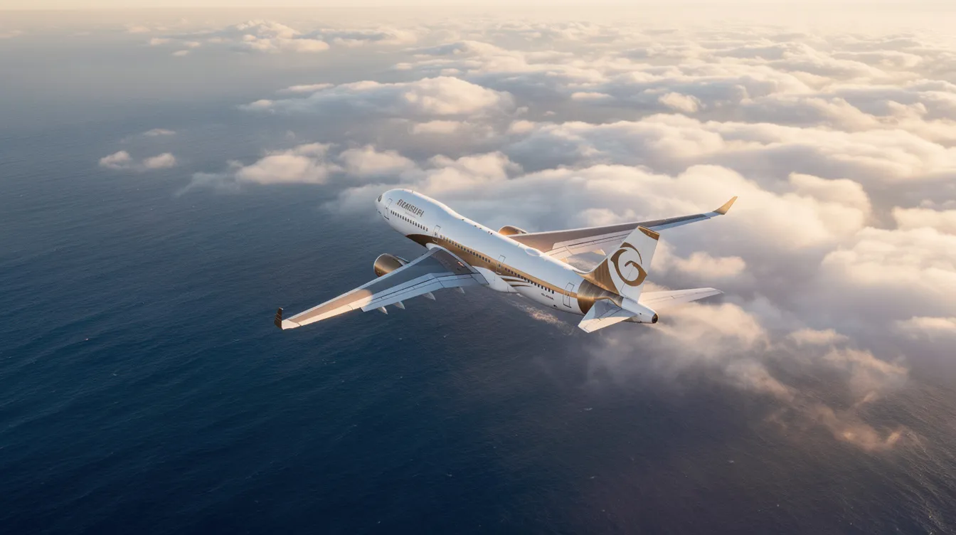 A wide-body commercial airplane soars over the ocean, with fluffy clouds drifting below it, symbolizing the excitement of international travel and the search for cheap flights. This scene captures the essence of air travel, where passengers can explore new destinations and take advantage of flight deals.