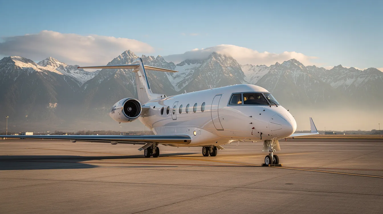 A private jet is parked on a tarmac with majestic mountains in the background, showcasing a luxurious travel option for business travelers. This serene setting highlights the appeal of booking international flights or domestic trips, especially during peak travel periods when flight prices can fluctuate.