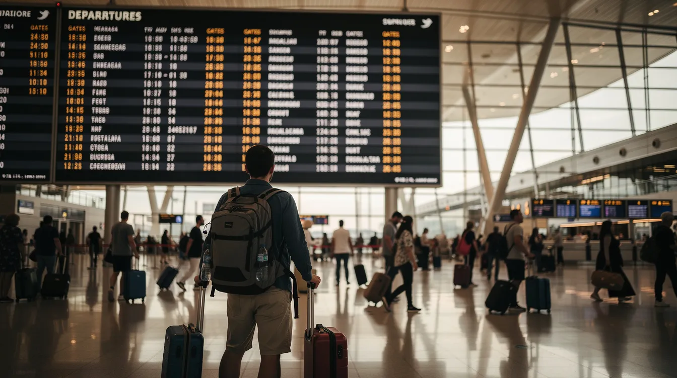 A traveler stands in a bustling international airport terminal, intently checking a large departure board filled with flight information. The board displays various destinations and times, highlighting options for direct flights and cheap tickets, as the traveler seeks to find the best flight deal for their journey.