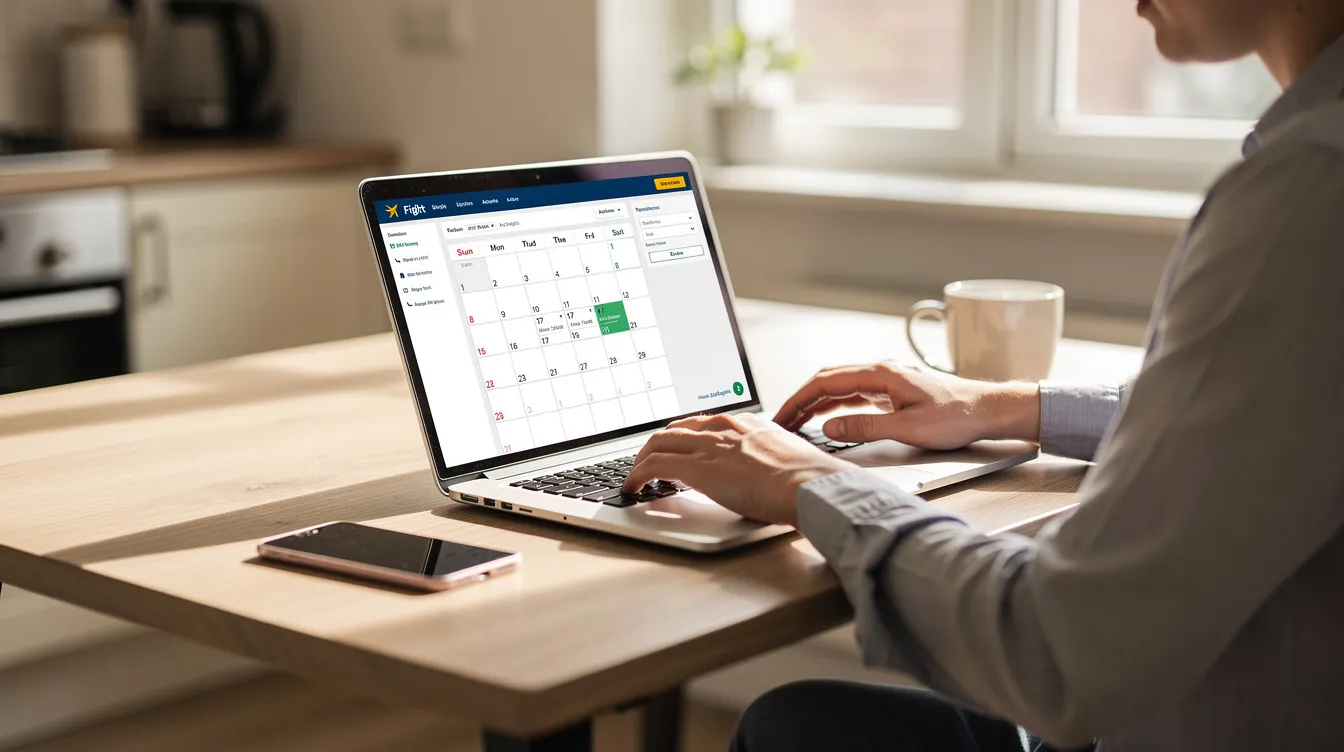 A person is sitting at a kitchen table, focused on their laptop while a flight booking calendar is displayed on the screen, suggesting they are searching for cheap flights or planning their travel itinerary. The scene conveys a sense of organization and preparation for upcoming trips, possibly looking for the best flight deal or the cheapest month to fly.