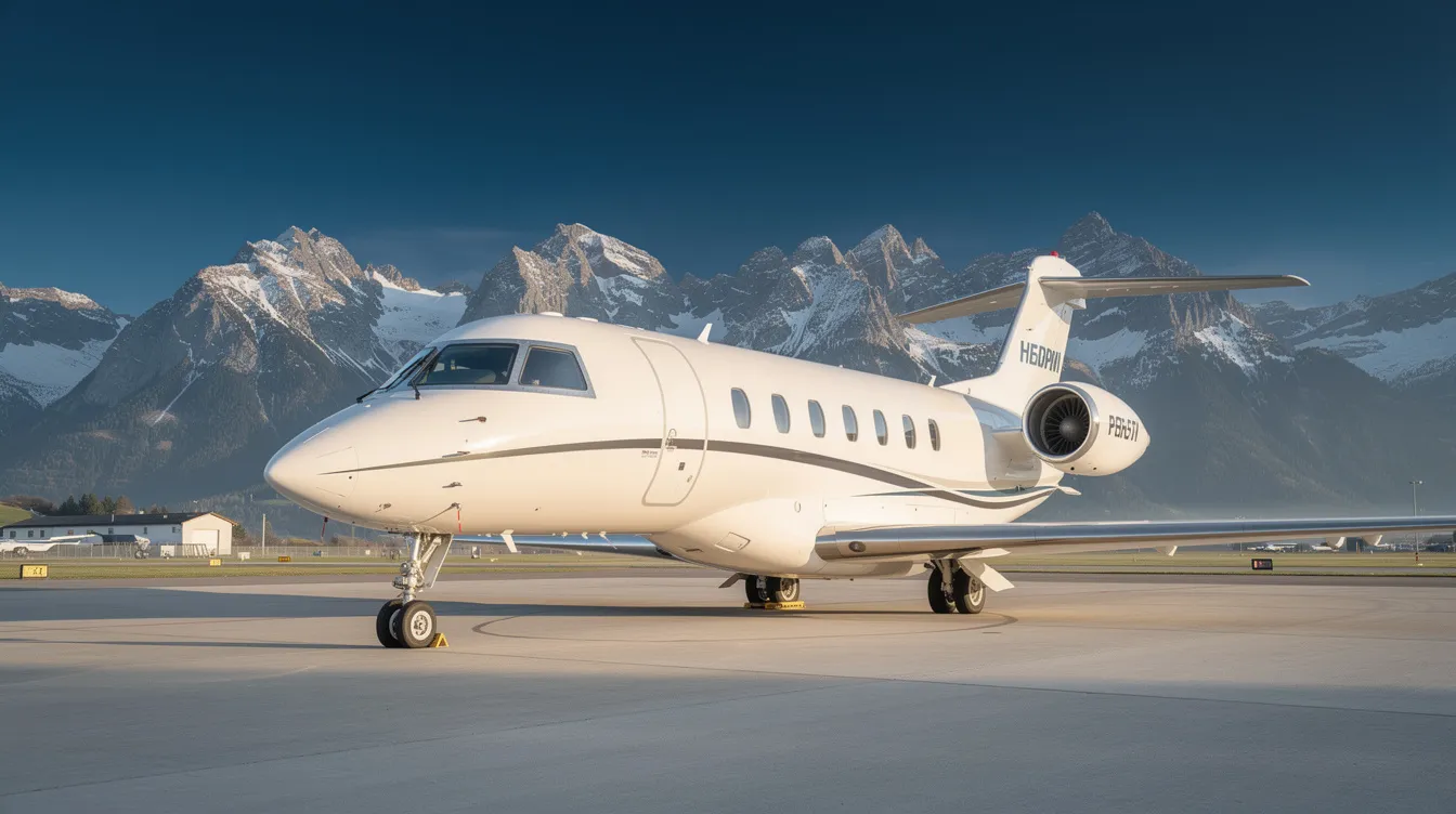 A sleek private jet is parked on a tarmac, with majestic mountains rising in the background under a clear blue sky, suggesting an ideal setting for travelers seeking the best flight deals to international airports. This luxurious scene evokes the excitement of planning a trip with cheap flights and direct flights available for the perfect getaway.