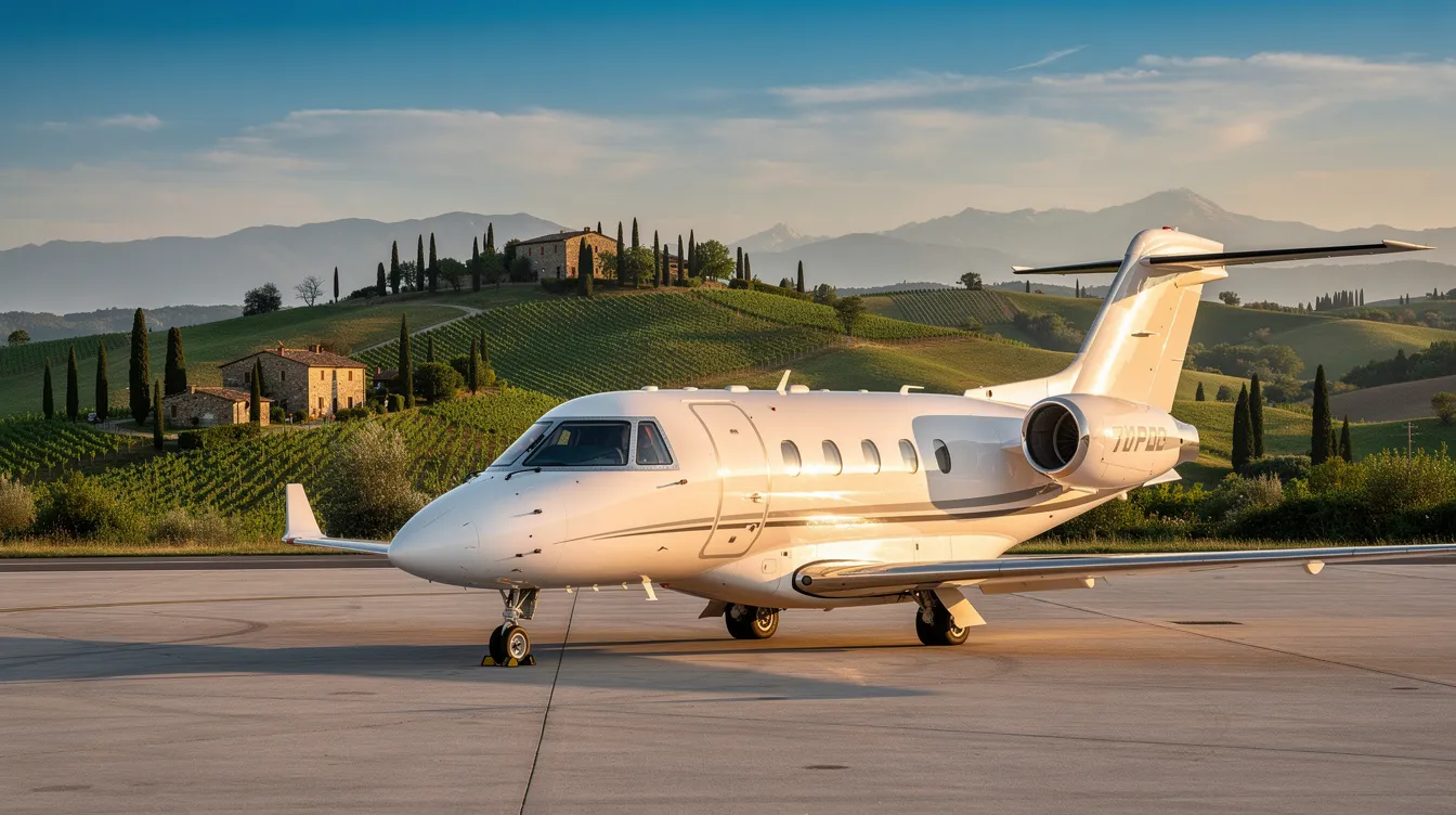 A small private jet is parked on a tarmac, with lush green hills of Italy in the background, showcasing a serene travel setting ideal for those seeking the cheapest flight ticket options to Italy. The scene captures the essence of luxury travel amidst picturesque landscapes, perfect for planning your next flight journey.