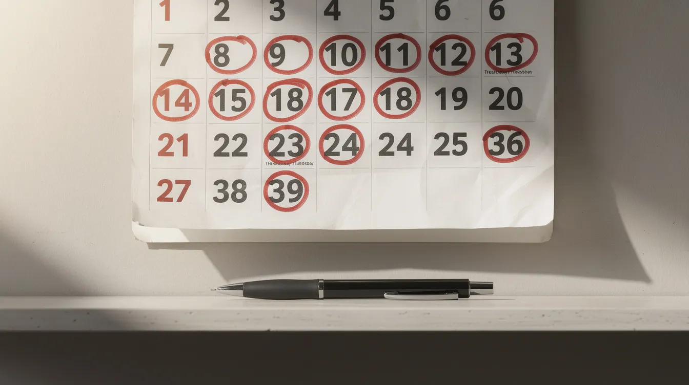 The image shows a wall calendar with several midweek dates circled in red marker, indicating important travel plans, alongside a pen resting beside it. This visual suggests preparation for booking cheap flights or tracking flight prices for upcoming trips.
