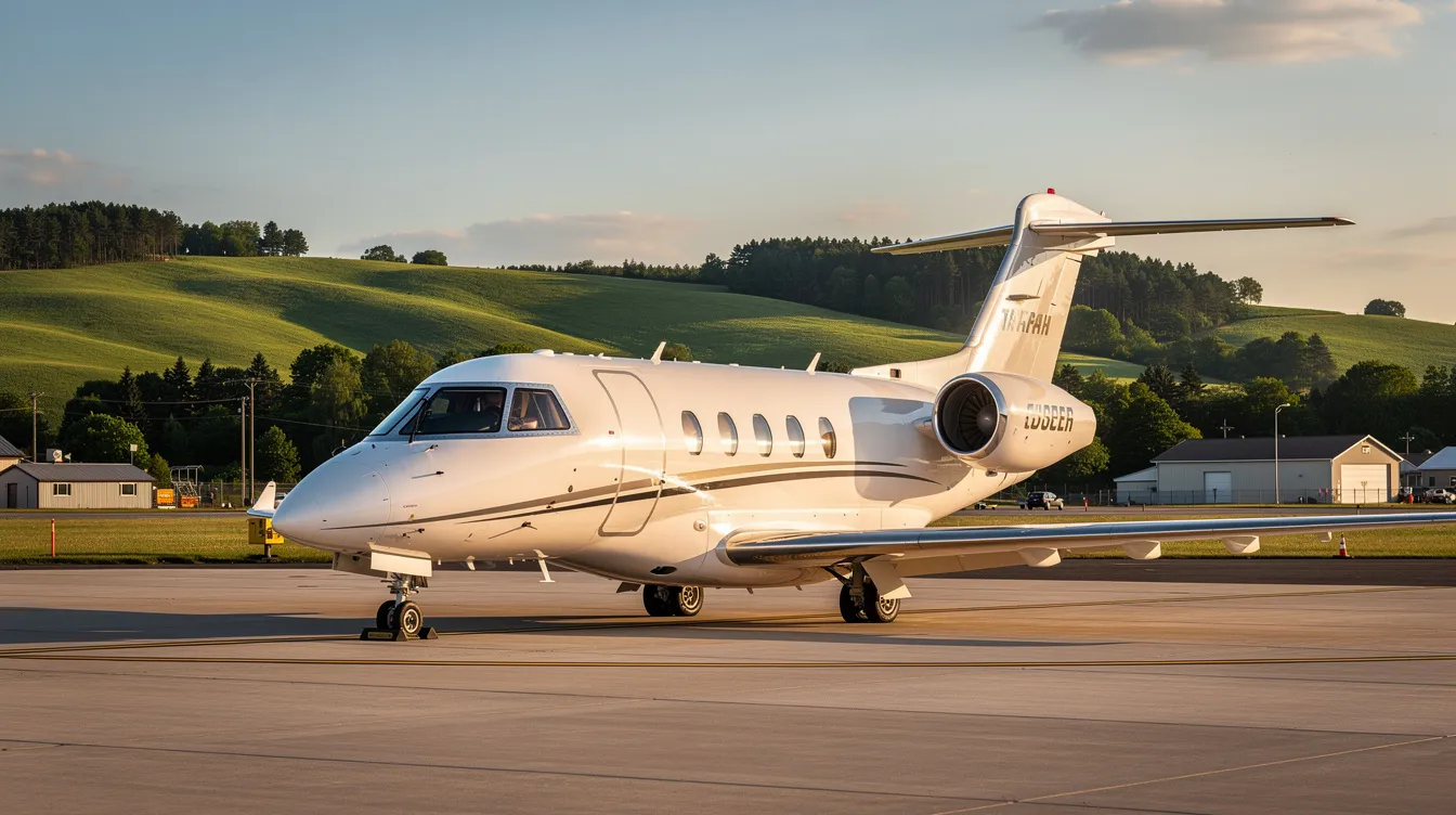 A sleek light private jet is parked on the tarmac of a small regional airport, with lush green hills providing a scenic backdrop. This image captures the essence of travel and luxury, perfect for those looking to explore flight options and book cheap flights for their next adventure.