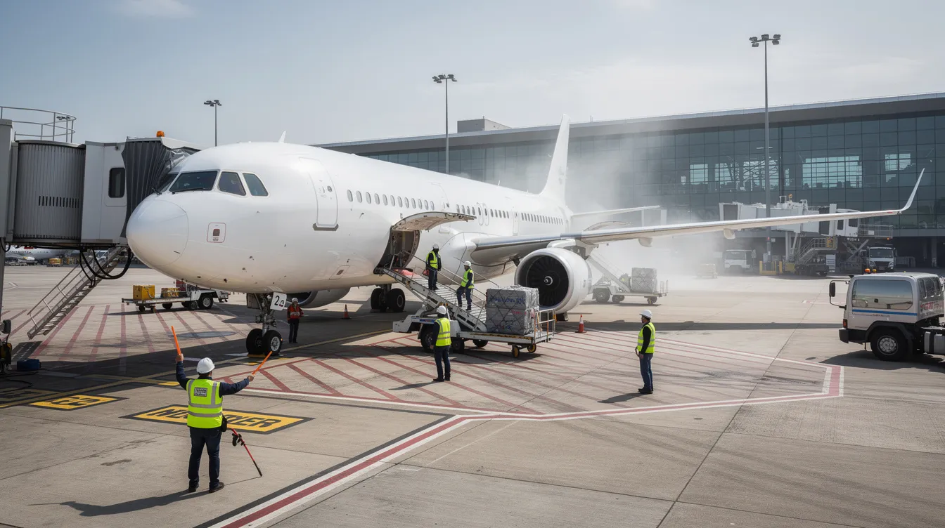 A large passenger jet is parked at an international airport terminal, with ground crew members visible attending to the aircraft. This scene showcases the hustle of air travel, where travelers can find cheap flights and book international flights to various destinations.