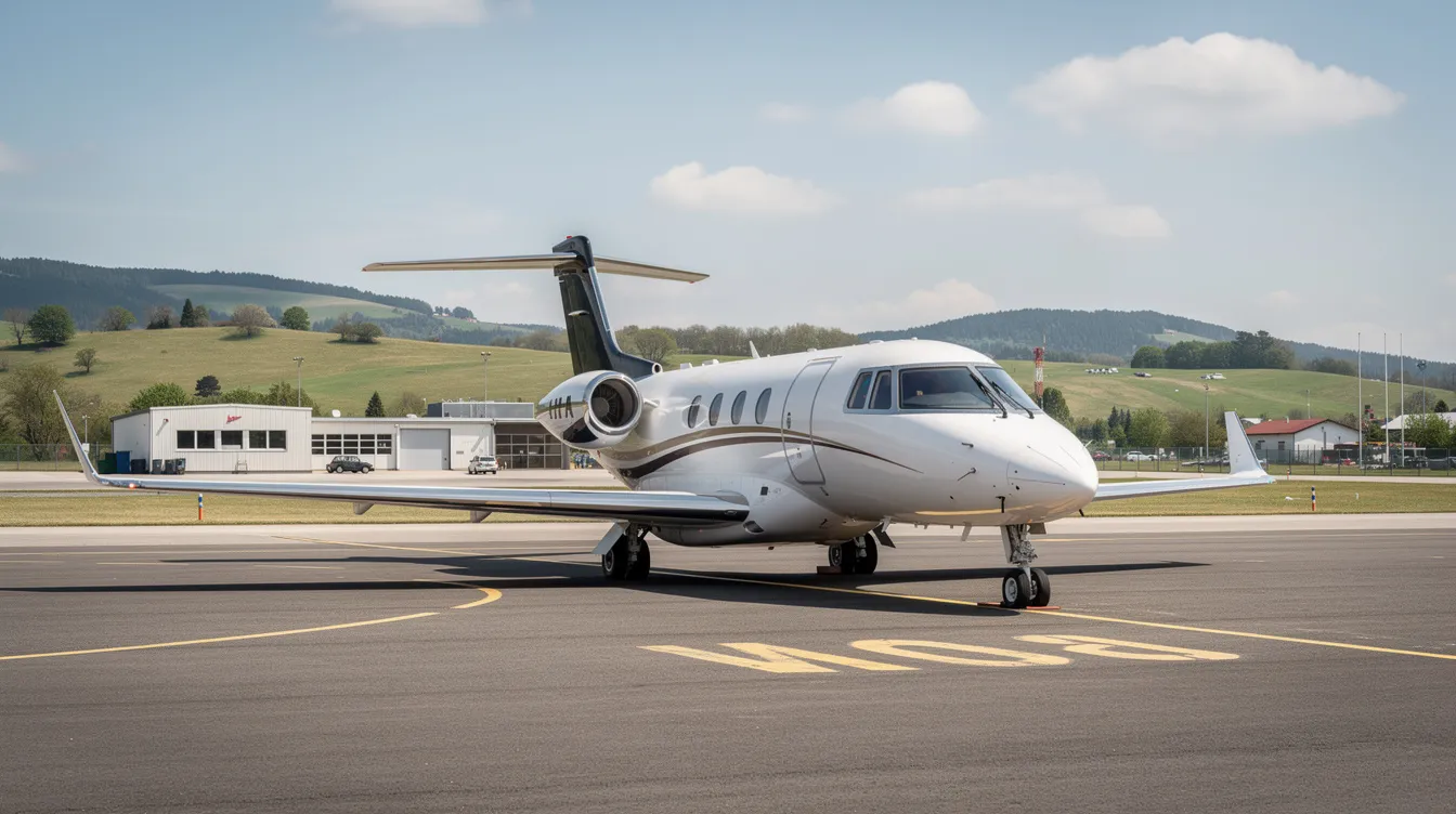 A small private jet is parked on a runway at a regional airport, with lush green hills visible in the background. This serene setting is ideal for business travelers looking to book flights for domestic trips or international travel.