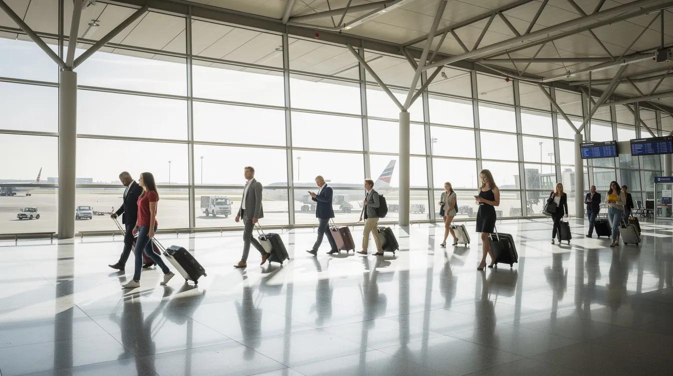 Travelers with rolling luggage navigate a spacious, modern airport terminal featuring large glass windows that allow natural light to flood the area. The scene captures the hustle and bustle of passengers preparing for their international flights, highlighting the excitement of booking flights and finding cheap fares for their upcoming trips.