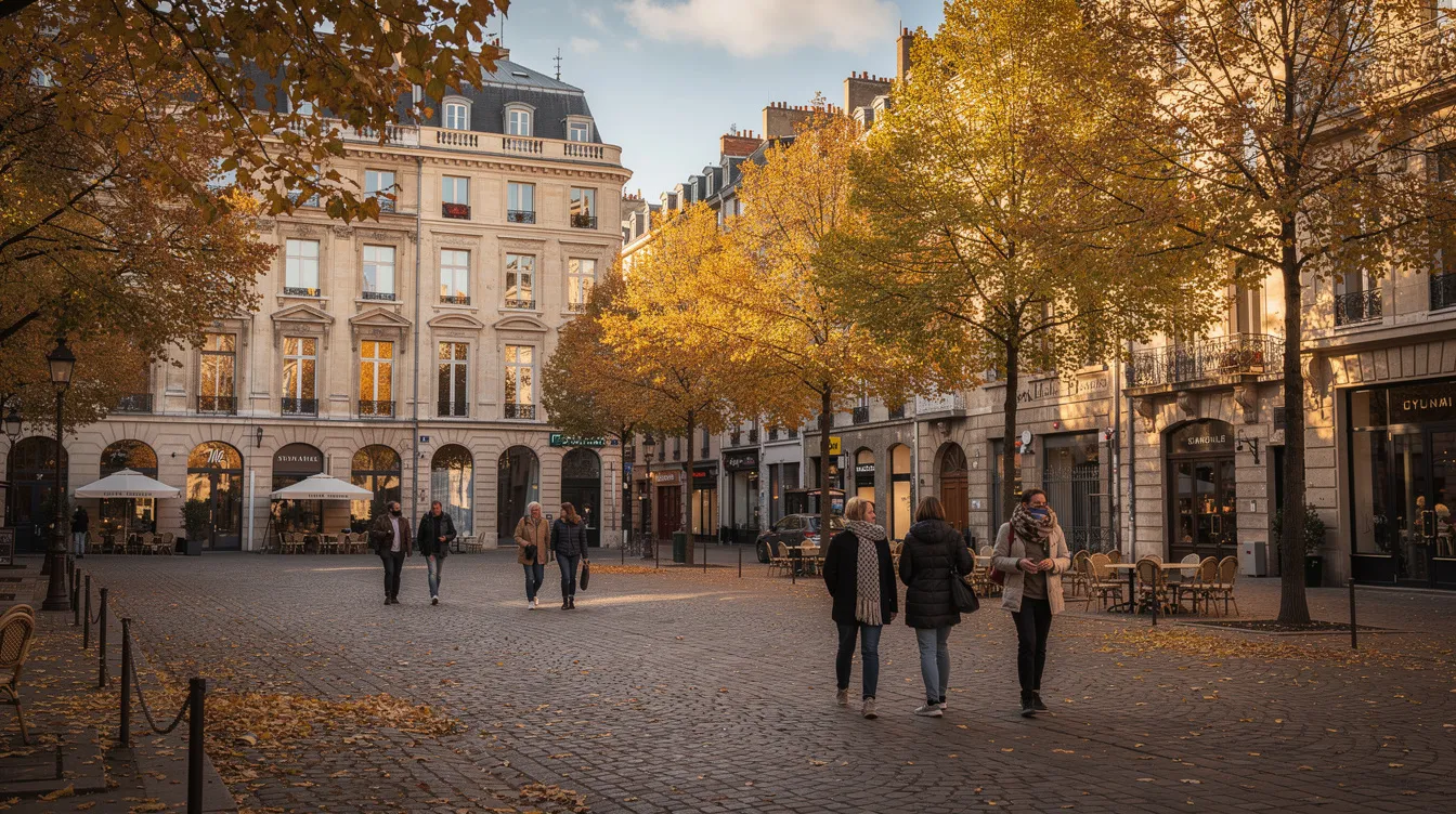The image depicts a picturesque European city square in autumn, adorned with golden leaves on trees and a few tourists leisurely walking through the scene. This vibrant setting is ideal for travelers looking to explore and find cheap flights to Europe during the shoulder season.