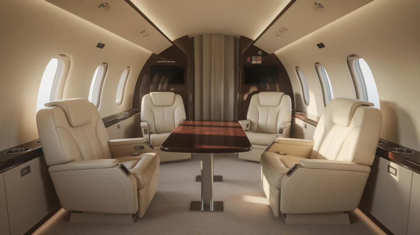 The image depicts the interior of a spacious private jet cabin, featuring luxurious leather seats and ample natural light streaming in through large windows. This elegant setting is perfect for business travelers seeking comfort on their international flights.