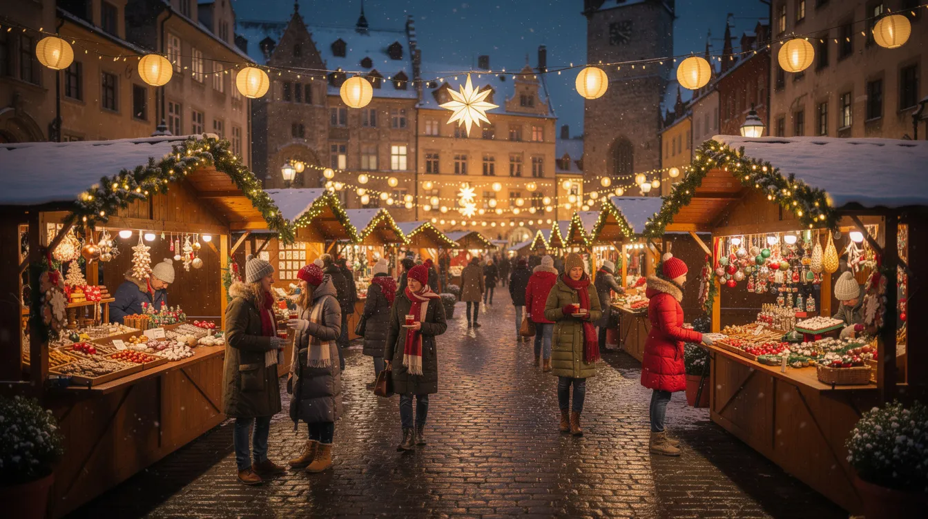The image depicts a charming European Christmas market in an old town square, illuminated by warm lights as shoppers browse through festive stalls filled with holiday goods. The scene captures the essence of the holiday season, inviting travelers to consider their next trip and book cheap flights for their holiday adventures.